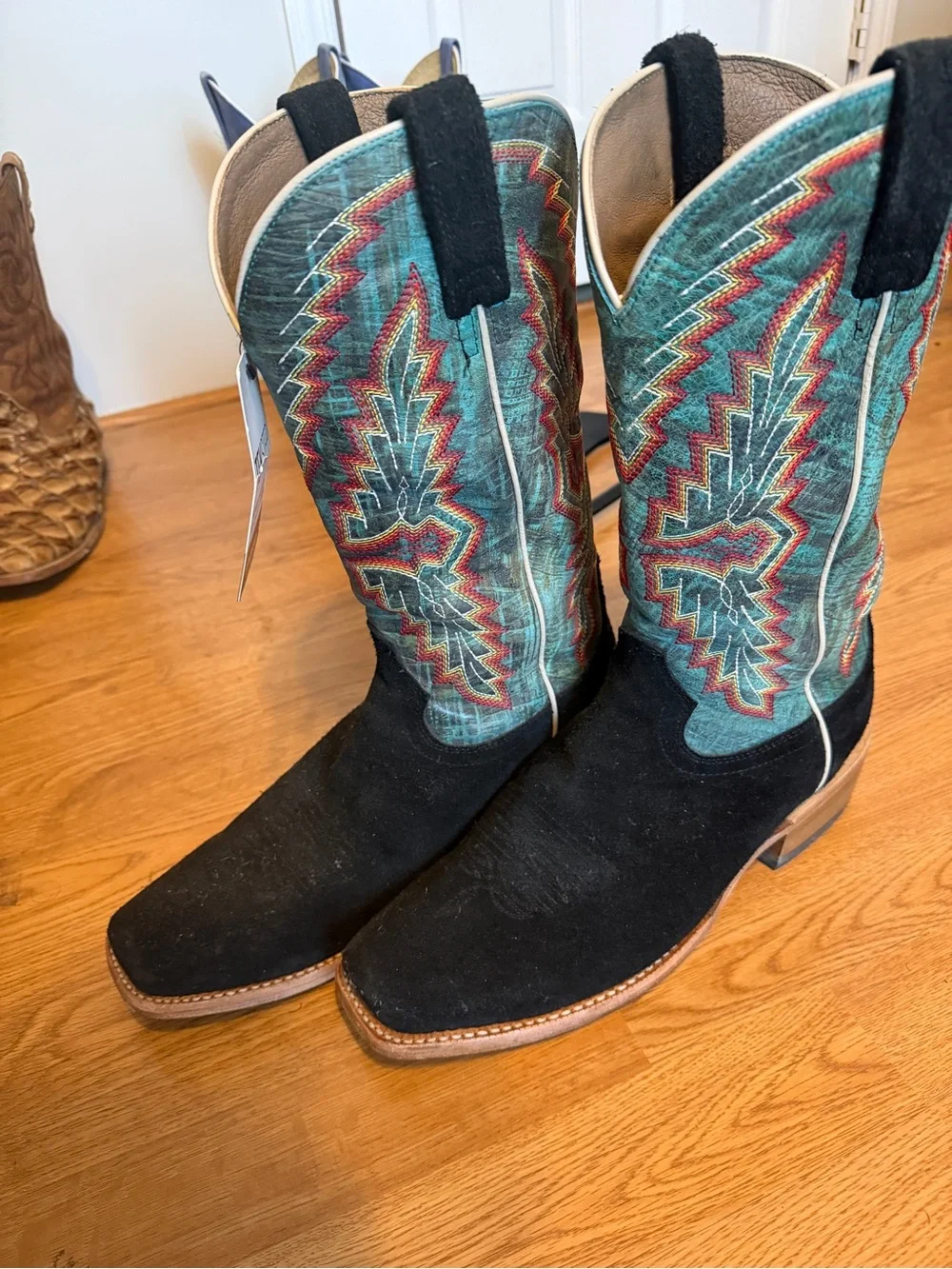 Ariat Black Suede Western Boots with Teal and Red Embroidery